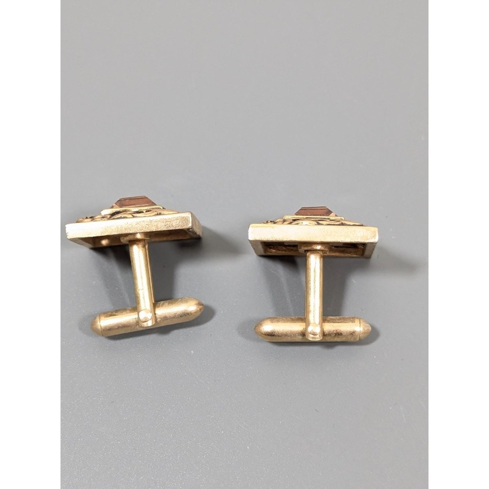 Vintage Swank Faux Topaz Stone Square Vine‎ Scroll Gold Tone Cufflinks - Picture 4 of 9